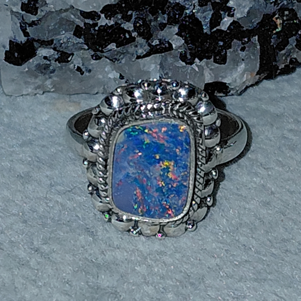 Elegant Silver Australian Opal Ring Size 6.25
